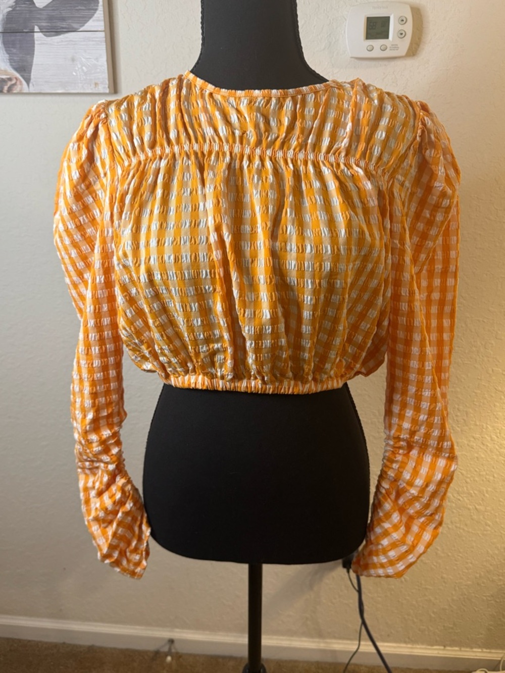 Zara Orange White Gingham Smocked Crop Top